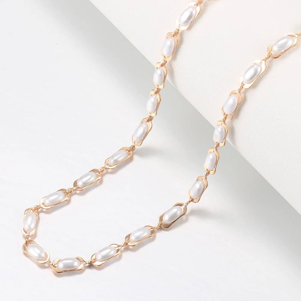 4mm White Pearl Necklace For Women Girls 585 Rose Gold Color Paperclip Link Chain Beaded Necklace Vintage Jewelry Gifts HCN55