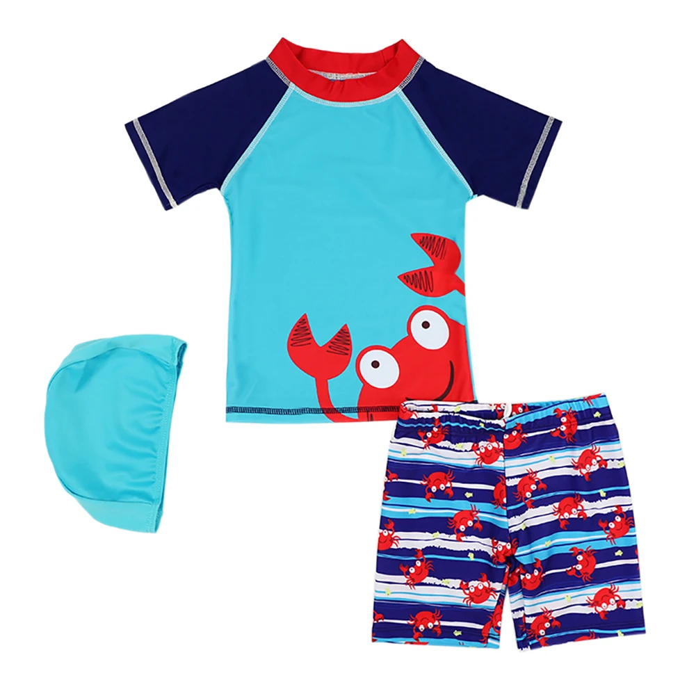 Boys Rashguard Two Pieces Swimsuit Set Swimwear Short Sleeve Cute Cartoon Print Bathing Suit Fashion Swimwear with Cap 2-13Y