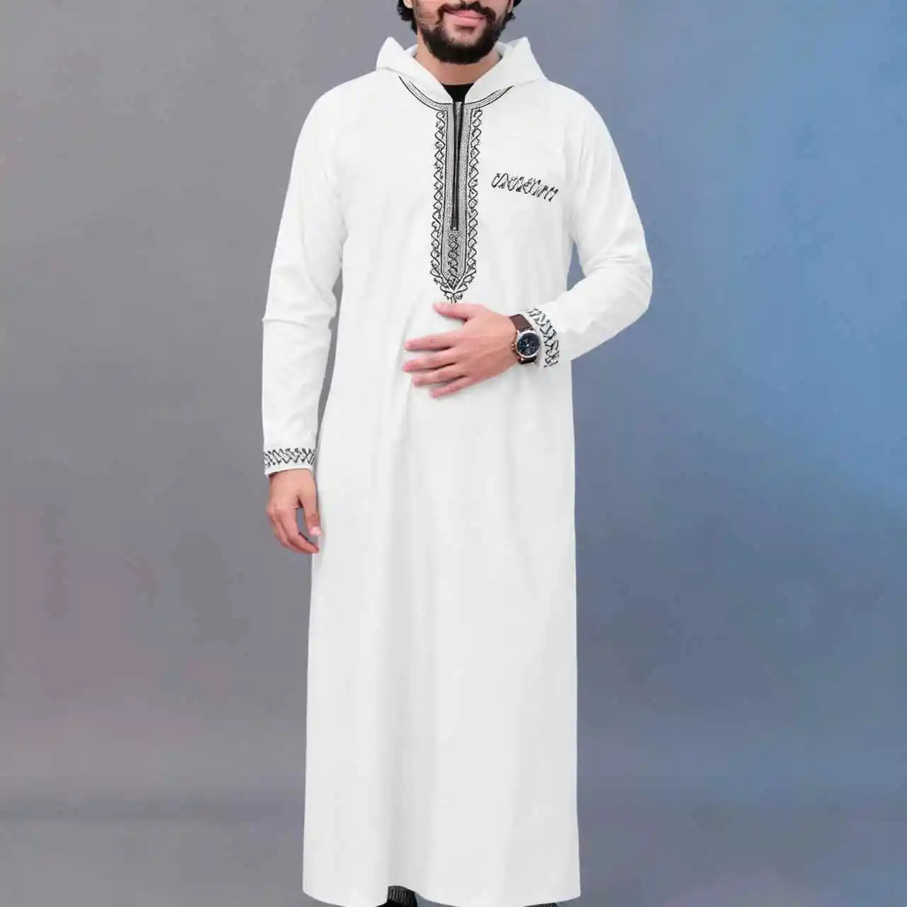 2025 Abito musulmano a maniche lunghe ricamato da uomo di lusso, Jubaso mediorientale, abito con cappuccio più ampio rispetto alle abiti tradizionali