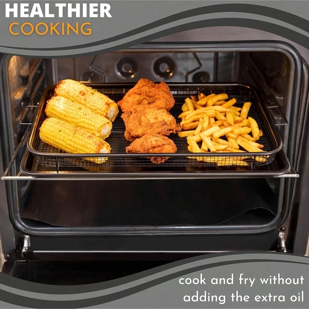 Large Stainless Steel Air Fryer Basket & Baking Pan Set, Non-Stick Crisper Tray Elevated Mesh Oven Rack, Multi-Purpose Bakeware