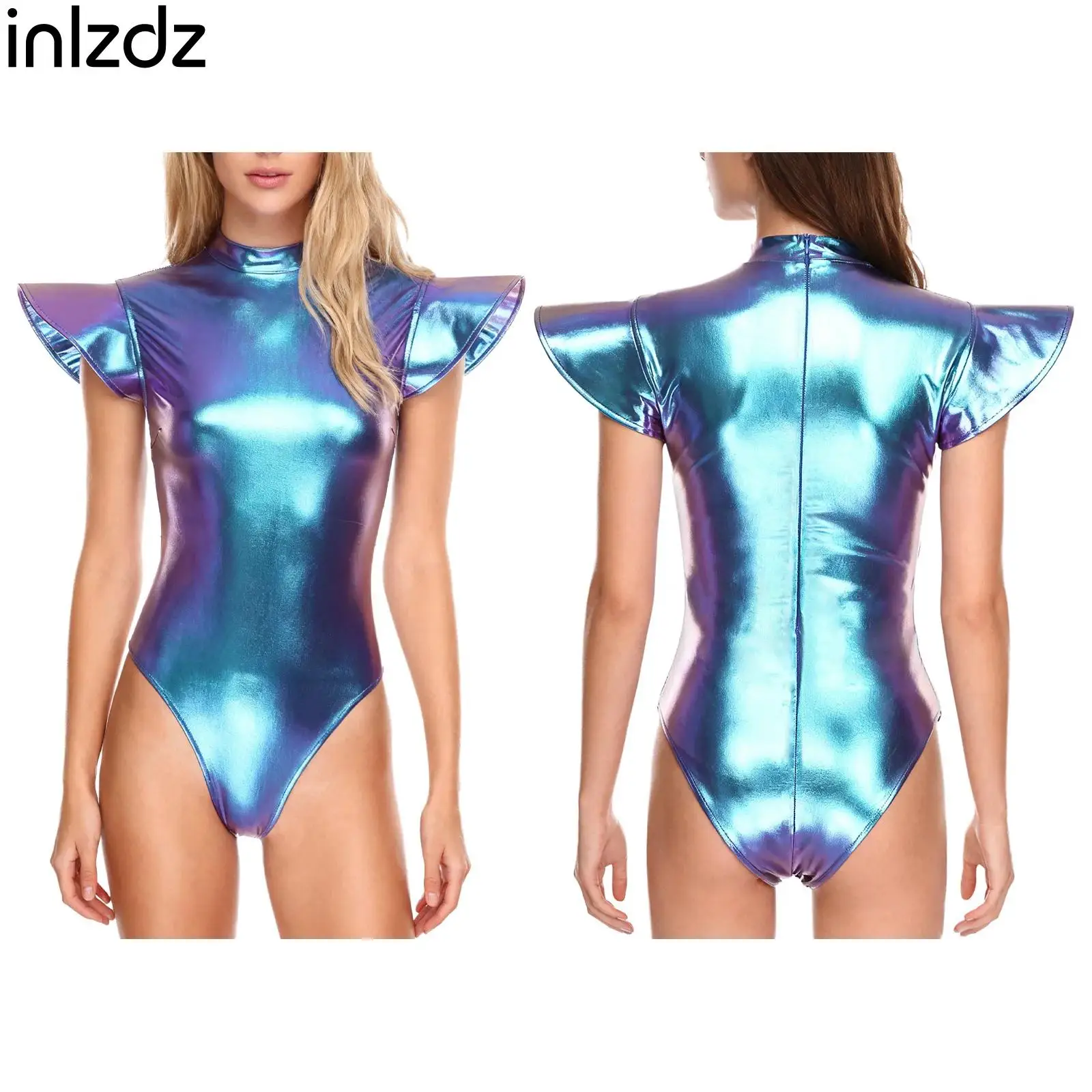 

Women One-piece Swimwear Pool Party Clubwear Metallic Shiny Bodysuit Fly Sleeve Leotard for Space Themed Cosplay Performance