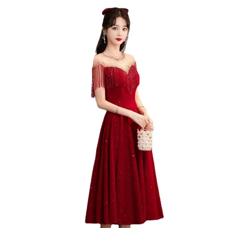 Mesh Sequin Round Neck Evening Dress Elegant Beaded Wine Red Engagement Gown Sexy Backless Slim Fit Wedding Party Dresses