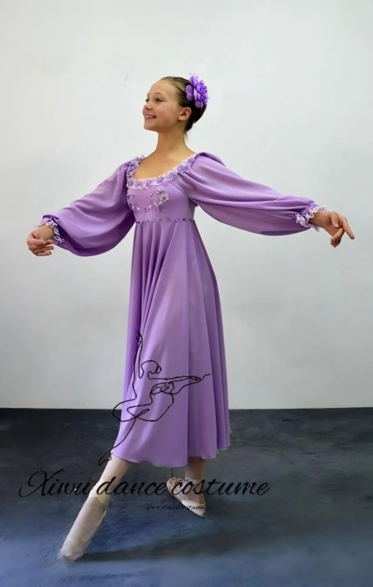 

Women's Vintage Lavender Puff Sleeve Ballet Long Dress, Elegant Stage Performance Romantic Ballerina Gown