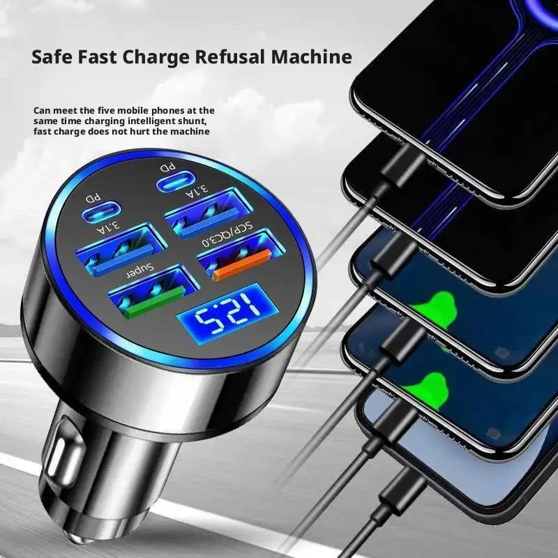 6IN1 Car Cigarette Lighter Plug Car Phone Charger Flash Charge with Digital Display Type C PD QC3.0 USB Fast Charging Adapter