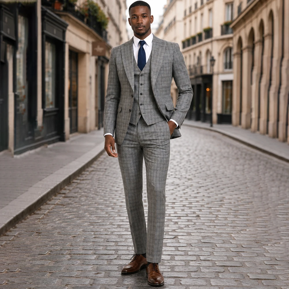 

Africa Men's Suits 3 Pieces Peaked Lapel Single Breasted Plaid Wedding Suit Tuxdeo Slim Fit Office Business Blazer Customized