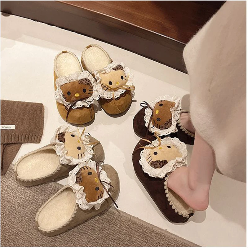 

Kawaii Hello Kitty Cartoon Lace Bow Slipper Girls Winter New Arrival Thickened Fuzzy Cotton Slippers Home Outdoor Use Cute Gift