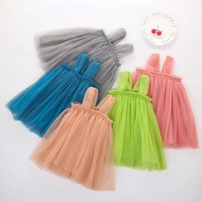 Summer New 0-8years Baby Girls Dress Solid Children Suspender Extra Dense Mesh Dresses Birthday Party Princess Fuffy Dress CL879