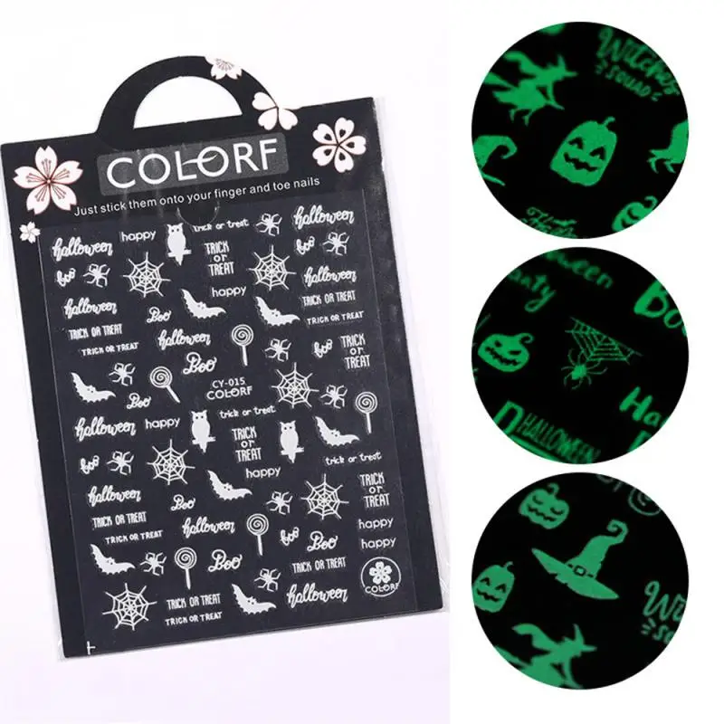 Set Halloween Nail Stickers Decal 3D Glow Halloween Theme Skull Pumpkin Luminous Alien Planet Glow In The Dark Halloween