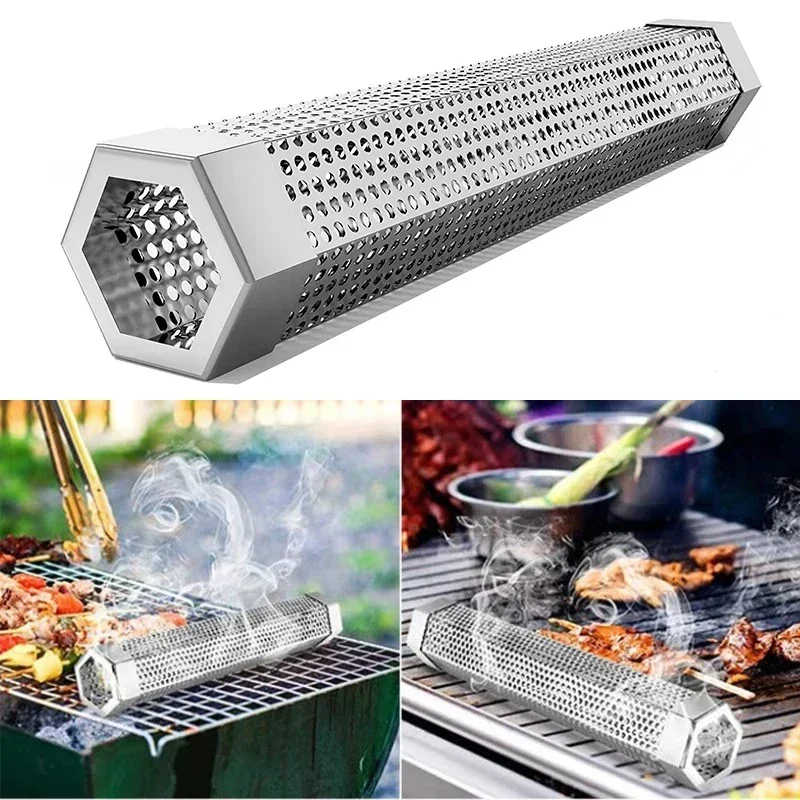 

6/12 inch BBQ Stainless Steel Smoker Grill Tube Perforated Mesh Filter Gadget Pellet Smoking Generator Hexagon Spice Smoked Box