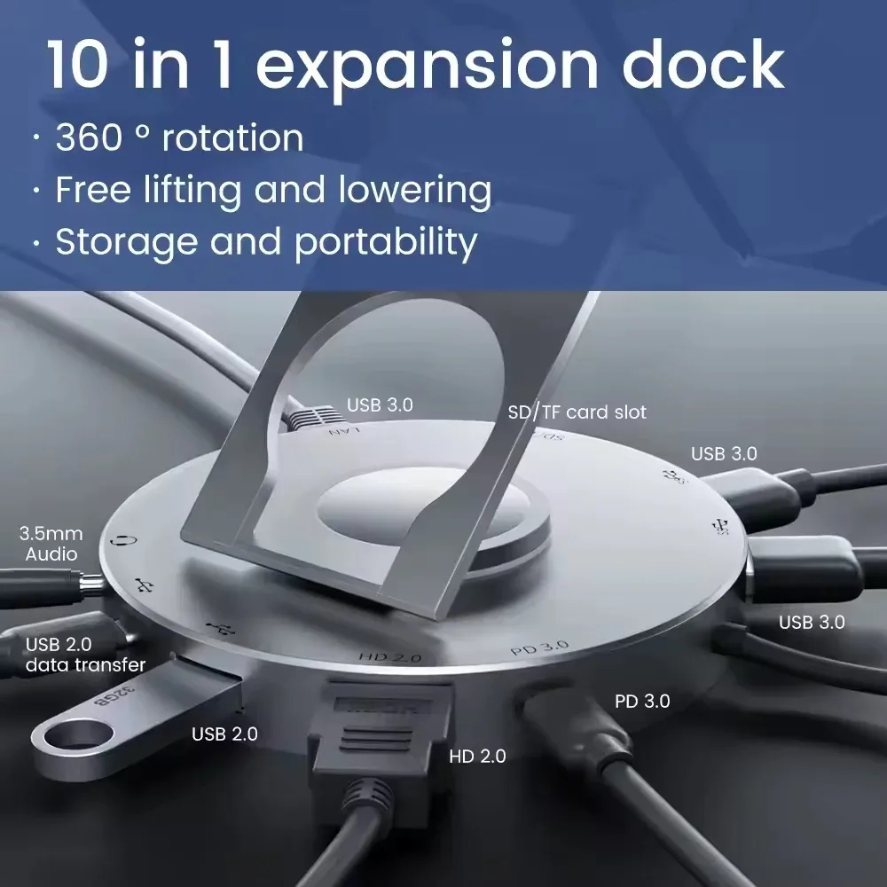 محطات إرساء ذات دعامة دوارة 10 في 1 محاور USB من النوع C إلى HDMI2.0 4K 60 هرتز USB 3.0 5Gbps نقل سريع PD100W لأجهزة الكمبيوتر المحمول