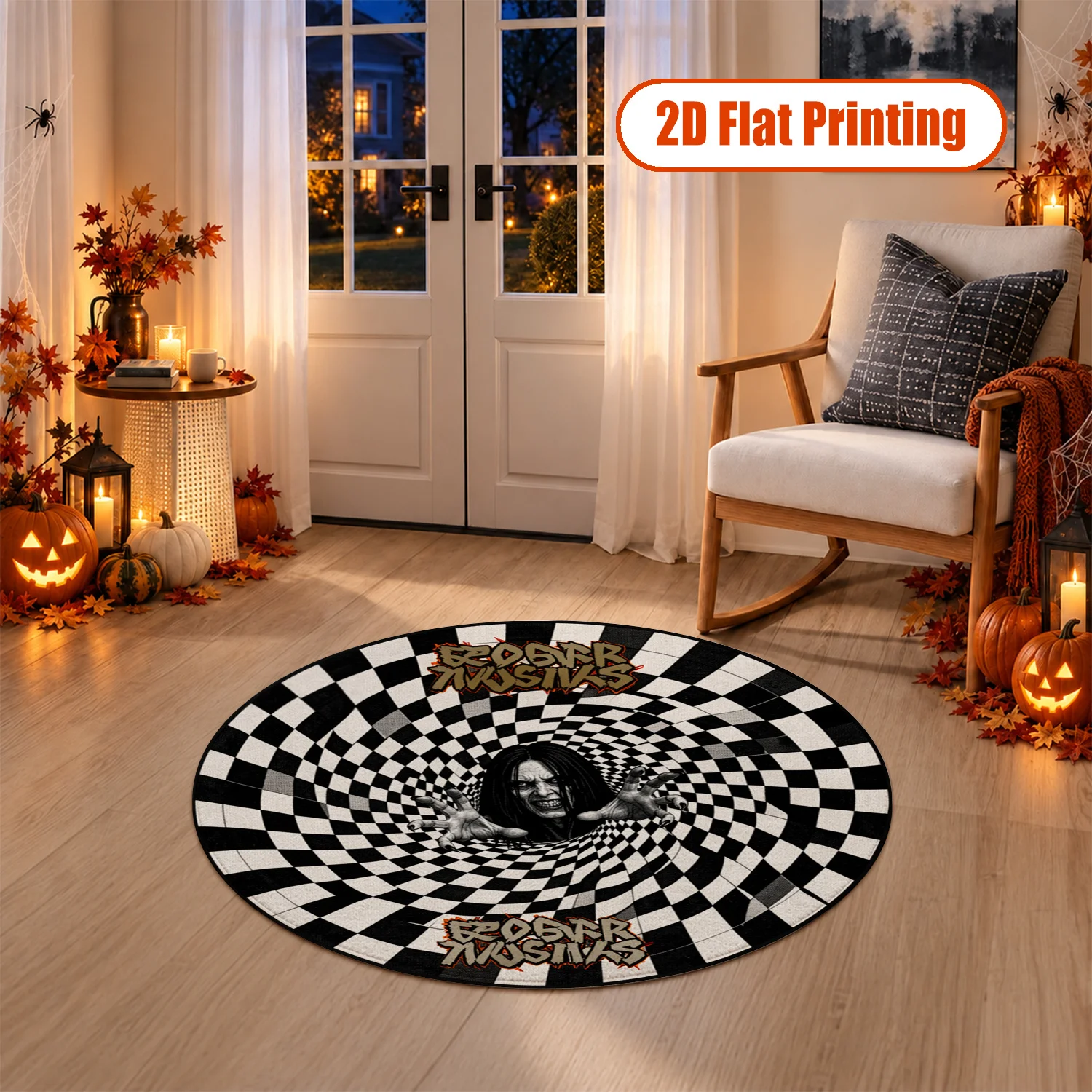 Optical Illusion Black White Checkered Horror Figure Round Velvet Rug, Machine Washable Soft Plush Decorative Floor Mat for Living Room, Bedroom, Entryway, Dining Area, Ideal for Halloween, Thanksgiving, Black Friday, Christmas, New Year Decorations