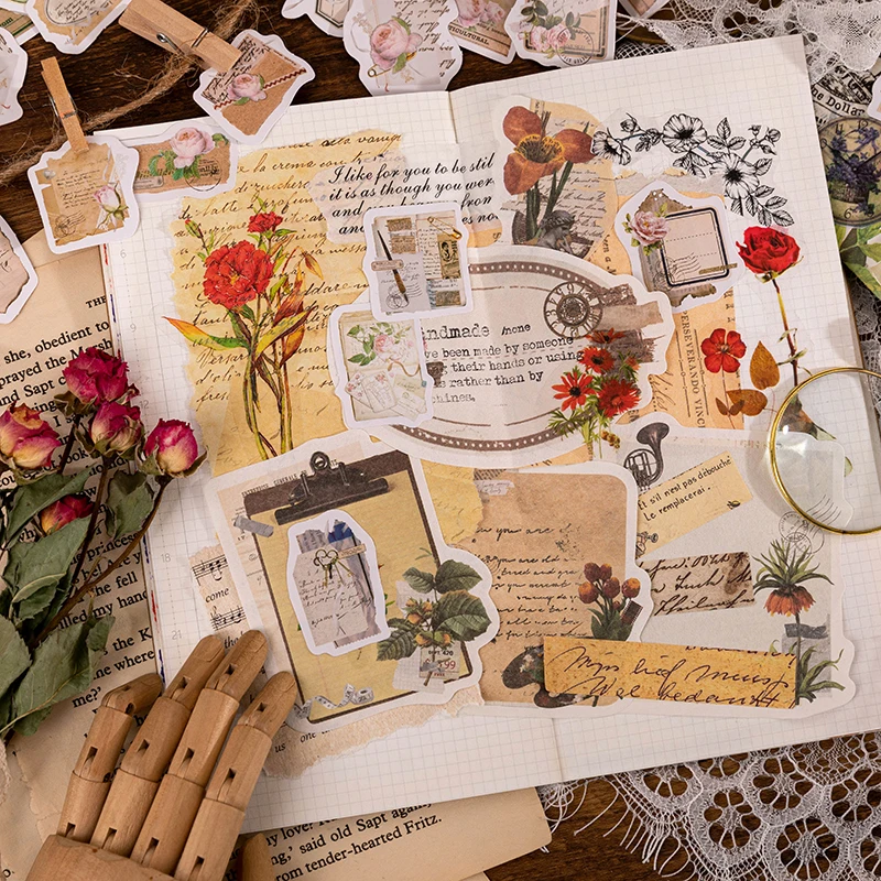 Card Lover 46 Pcs [Rose For You Series] Vintage Journal Stickers Washi Paper Sticker Paper Scrapbooking Material Scrapbook Kit