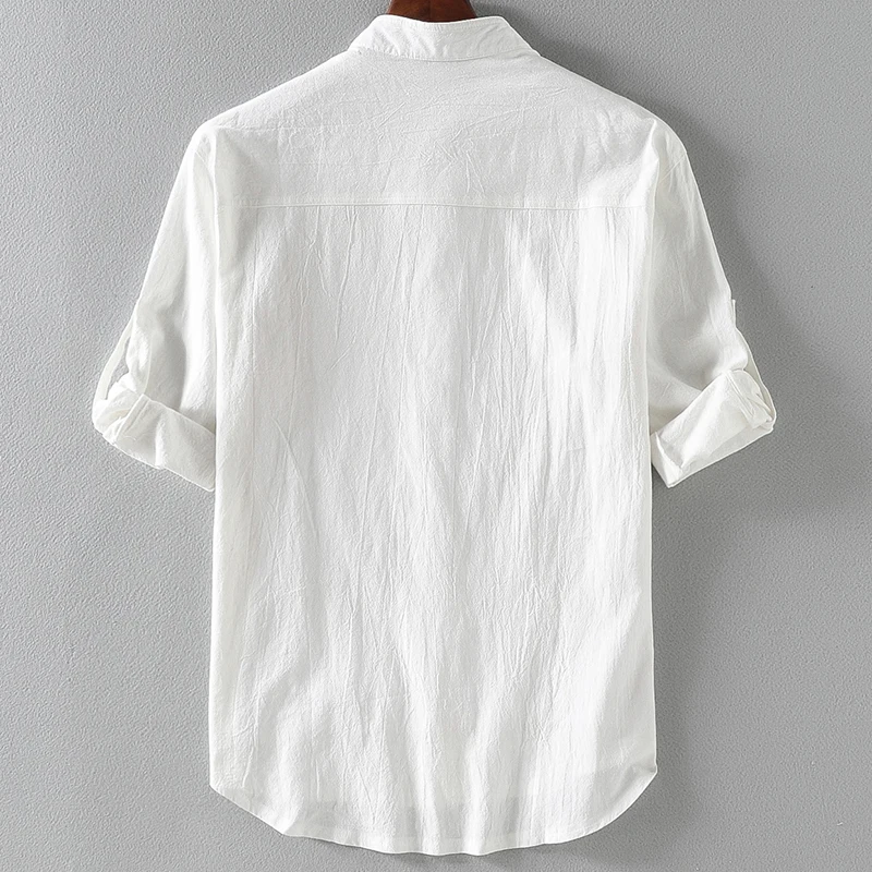 Men's Cotton Linen Short Sleeve Shirt Loose Large Size Summer Handsome Collar New Cropped Sleeve Male Fashion Top
