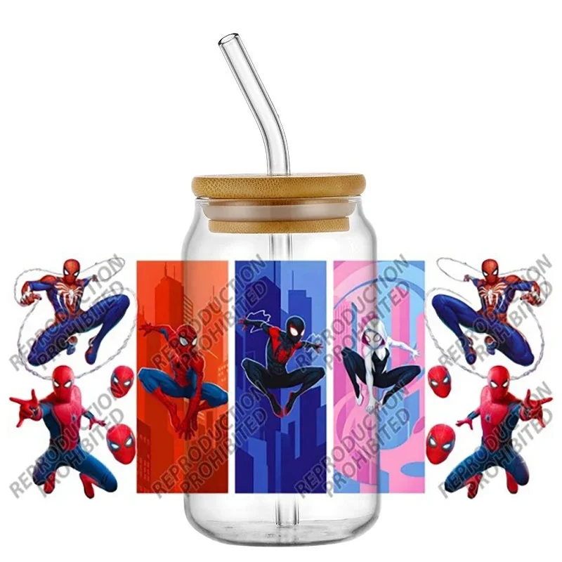 Spider Hero Cartoon Graphic UV DTF Cup Decal, Waterproof No Heat DIY Transfer Stickers for 16oz Glass Can Tumbler