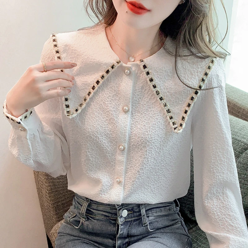 Fashion Elegant Chiffon Blouses for Women Clothing White Button Long Sleeve Shirts Solid Spliced Office Ladies Tops Dropshipping