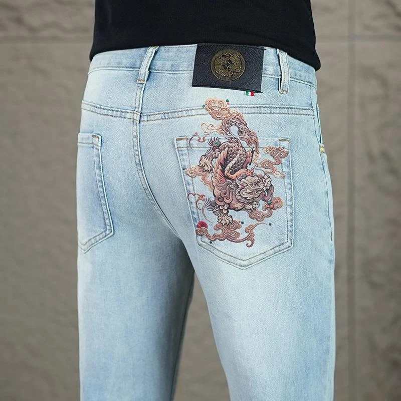 Men's 2026 New Chinese Style Embroidered Pattern Stretch Jeans Slim Straight Fashion Versatile Casual Daily Long Denim Pants