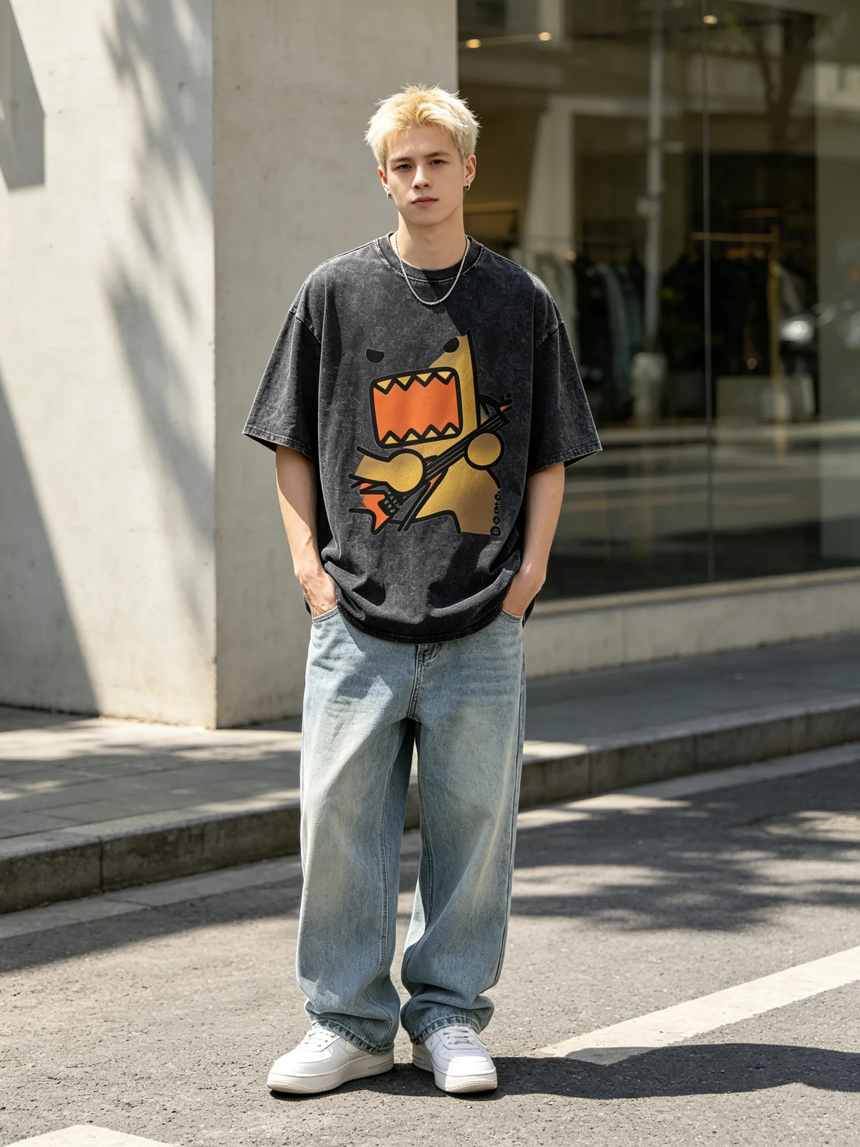 Cartoon Domo Kun Rock Guitar T Shirt Retro Washed Oversized Short Sleeve Funny Monster Graphic Print Unisex Casual Street Top