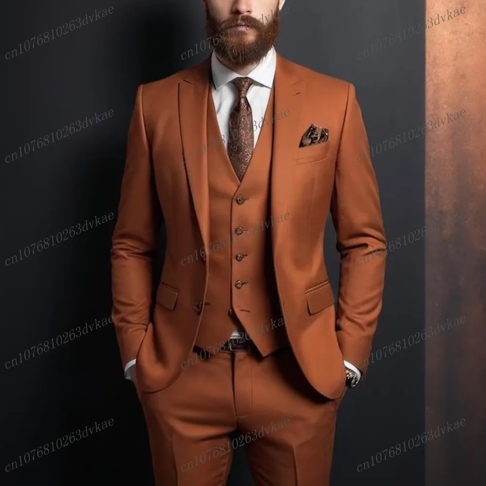 New Dark Orange Formal Occasion Men Suit Groom Groomsman Wedding Party Prom Business Male Tuxedos 3 Piece Set Jacket Vest Pants