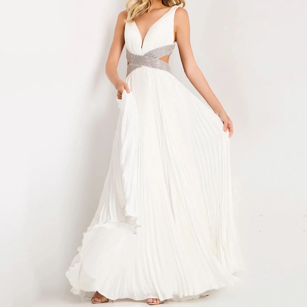 

Customized A-line Evening Dresses Floor-length V-neck Sleeveless Prom Gown Fashion Crystal Simple Draped Backless Party Gown