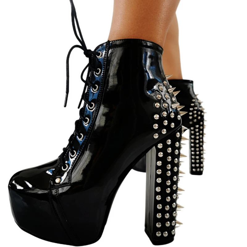 

Rock Back Spiky Rivets Studs Block Heel Platform Ankle Boots Woman 14 cm High Heels Spikes Lace- Up Motorcycle Boots Shoes