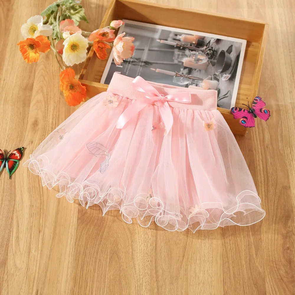 

Summer girl half body dress baby girl bow printed lace mesh half body fluffy princess dress children's dress