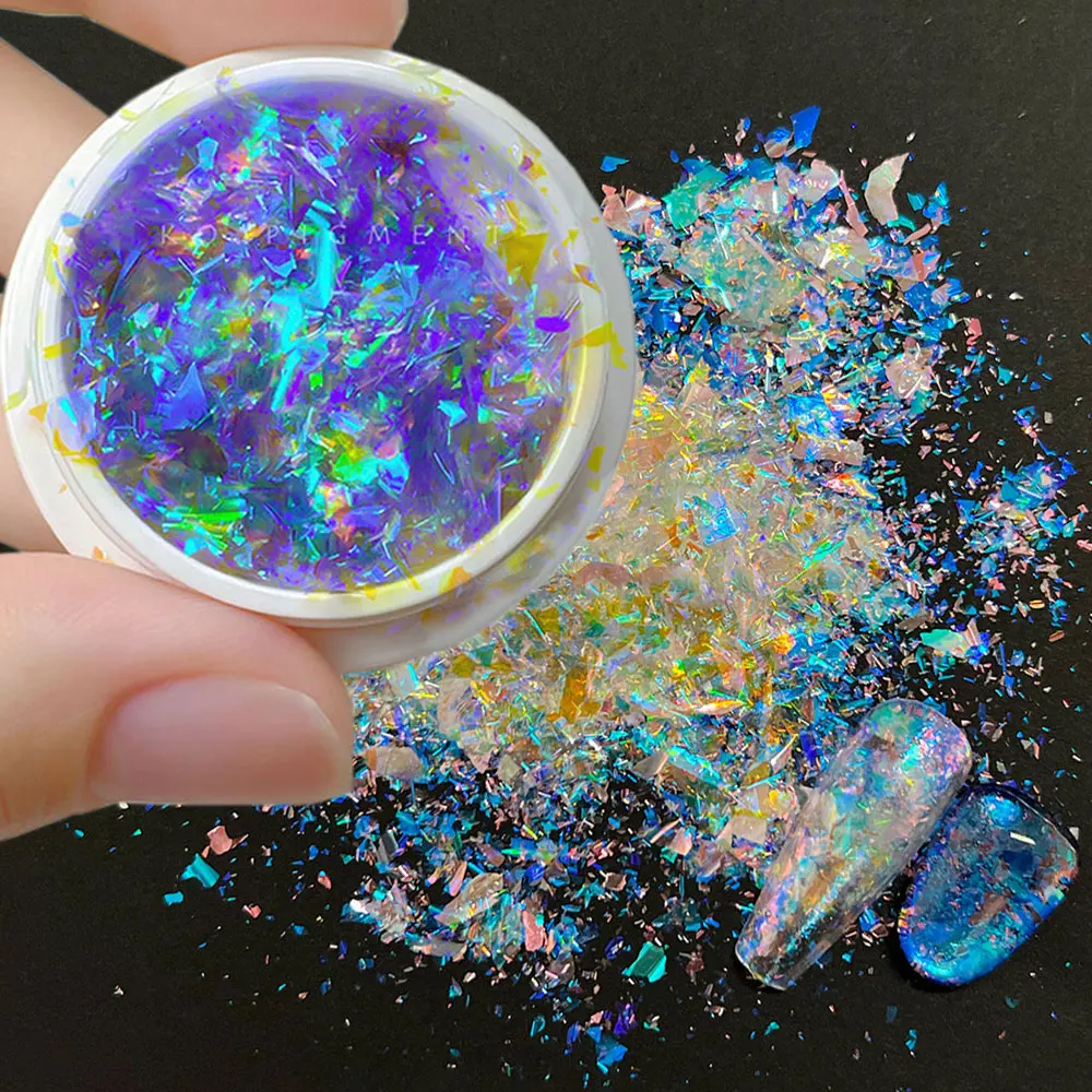 1jar Ultra-thin Chameleon Blue Nail Glitter Opal Flakes Saprkly Aurora Opal Nail Powder Holographic Mermaid Nail Pigment 0.3gram