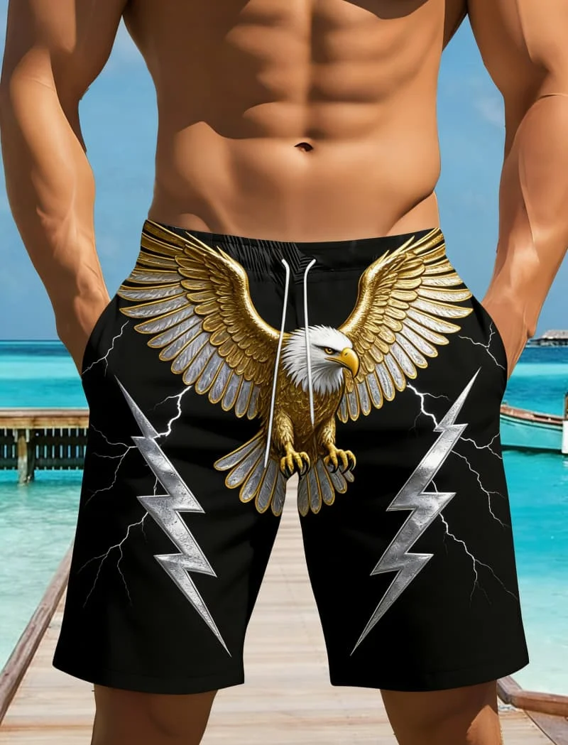 

Men's Unique Wild Animal Print Beach Shorts - Eagle Polar Bear Lion Rhino Print Casual Shorts For Everyday Summer Wear