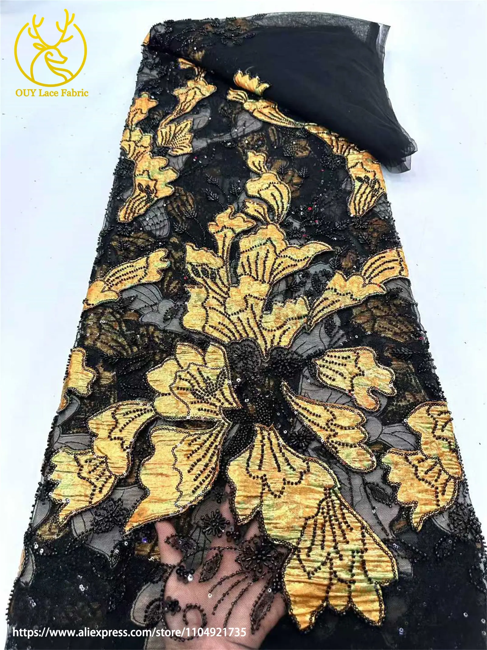 Afrikanischer Jacquard-Perlenstickerei-Spitzenstoff 2026 Französischer Tüll-Pailletten-Spitzenstoff für Damen-Hochzeitskleider Nähmaterial – Detail 7