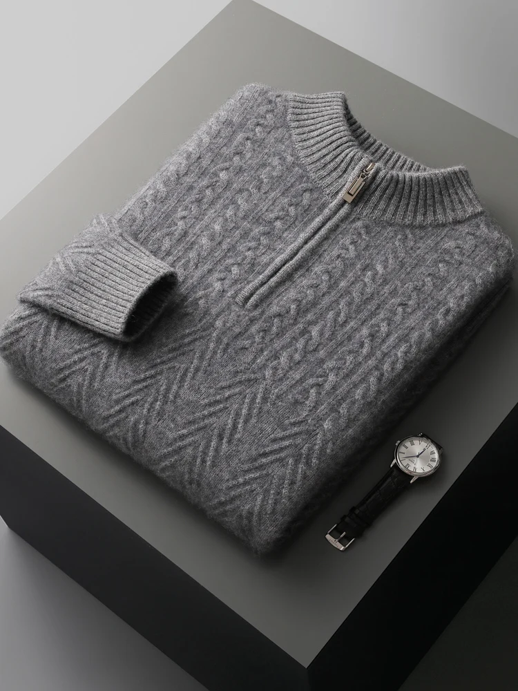 

Men's Mock Neck Zipper Twist Flower Cashmere Pullover Sweater Thick Casual Clothes Autumn Winter 100% Cashmere Knitwear