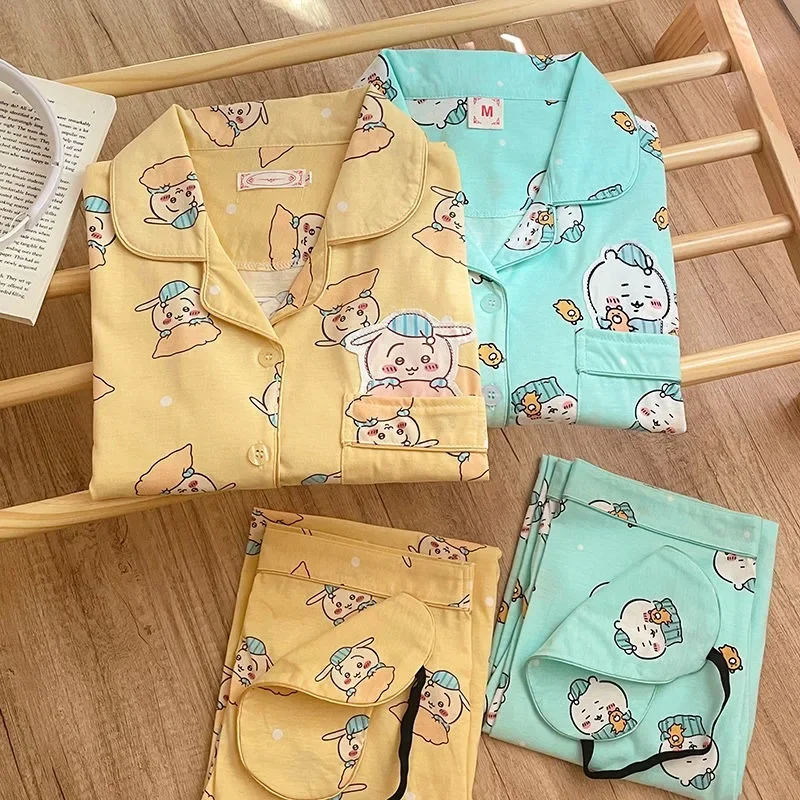 Kawaii Cute Chiikawa Hachi Anime Ladies Pajamas Cartoon Usagi Printed Spring Autumn Long Sleeve Cardigan Can Go Out Homewear Set