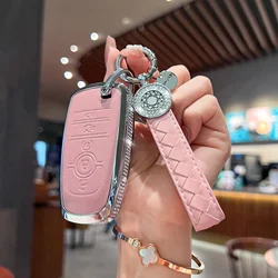 Compatible with Ford Key Fob Cover with Keychain, Pink Genuine Leather Crystal Key Case Protection Shell for Ford Fusion F150 F2