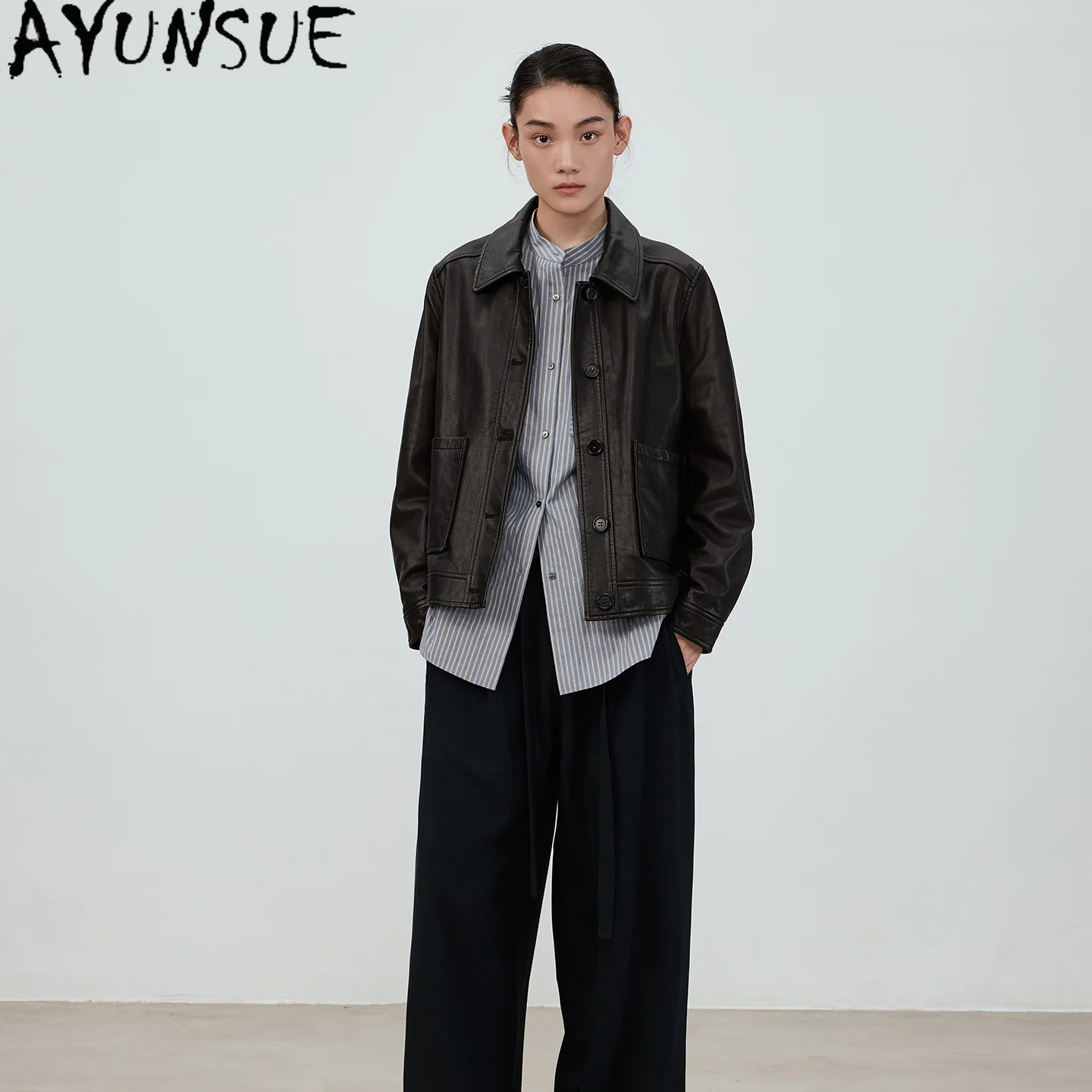 AYUNSUE Real Leather Jacket Woman Autumn Clothing 2026 Black Top Layer Sheepskin Coat for Women Short Style Casaco Feminino