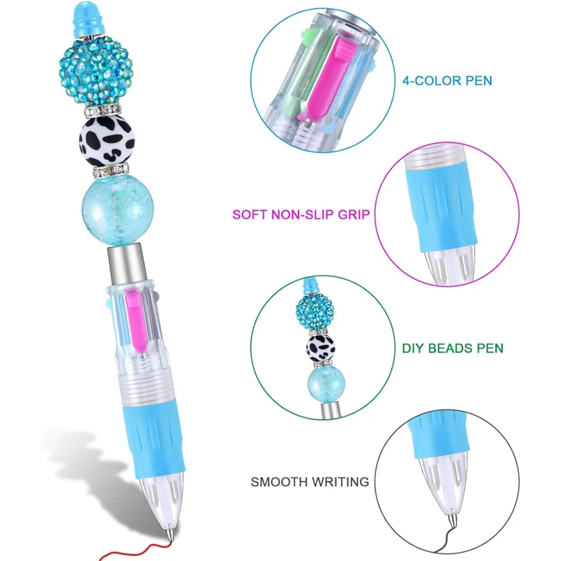 Upgraded 12 Pcs Multicolor Beadable Pens 4In1 Colored Beads Pen Retractable Ballpoint Pens For DIY Making Kit Students Children
