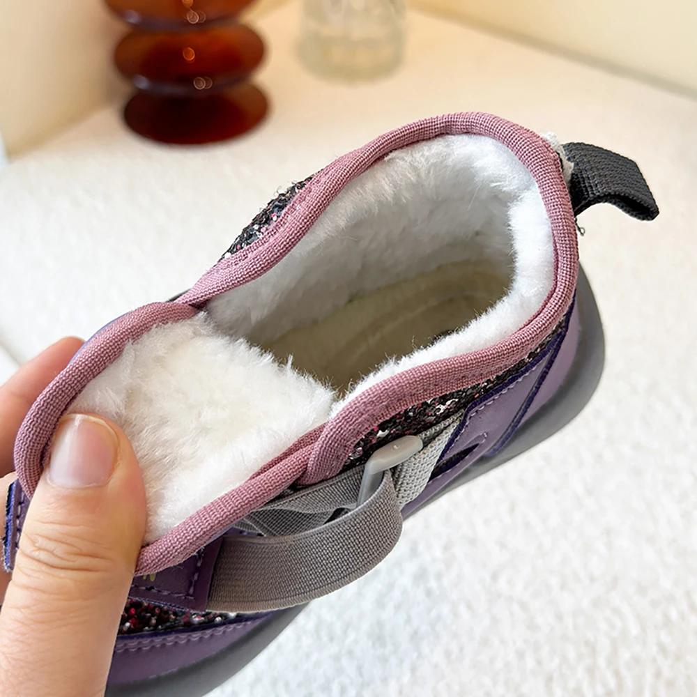 PU Leather Winter Boots For Children Trend Fashion Teenager Girl's Plush Boots Glitter Sequins Snow Boots For Girls Cotton Shoes