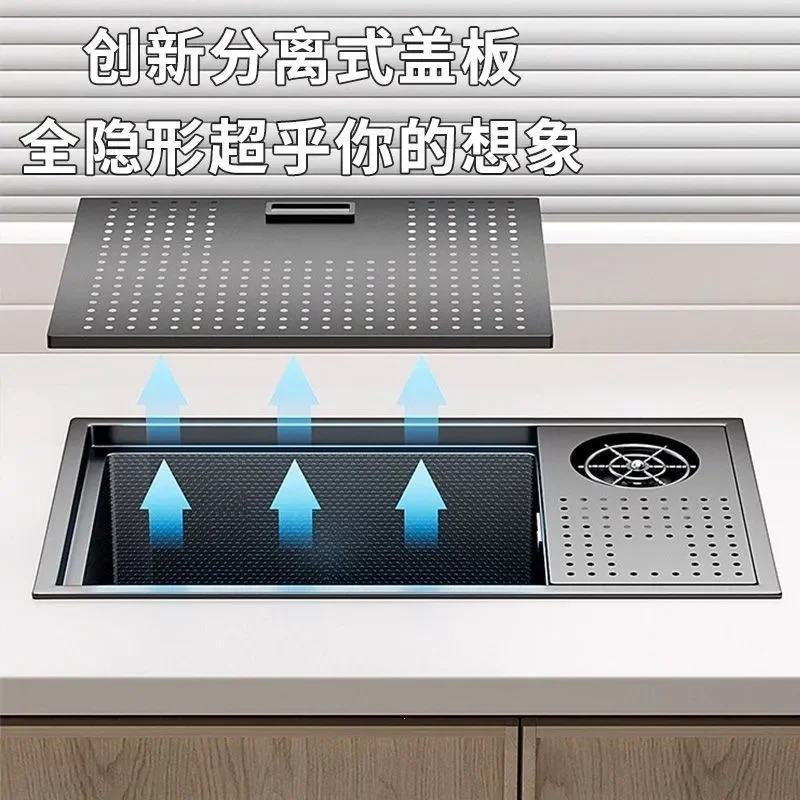 304 Stainless Steel Undermount Kitchen Sink Single Bowl Nano Coating Hidden Drain Bar Prep Basin with Cover Cup Washer for