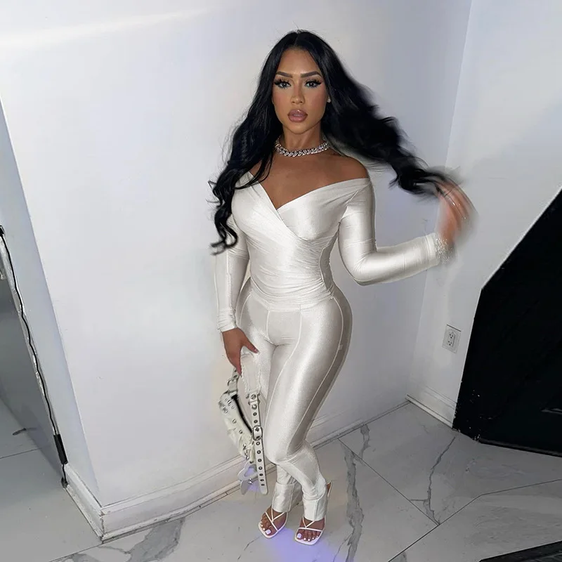 

Women's Pants Set European and American Spring New Solid Color V-neck Sexy Long sleeved Top High Waist