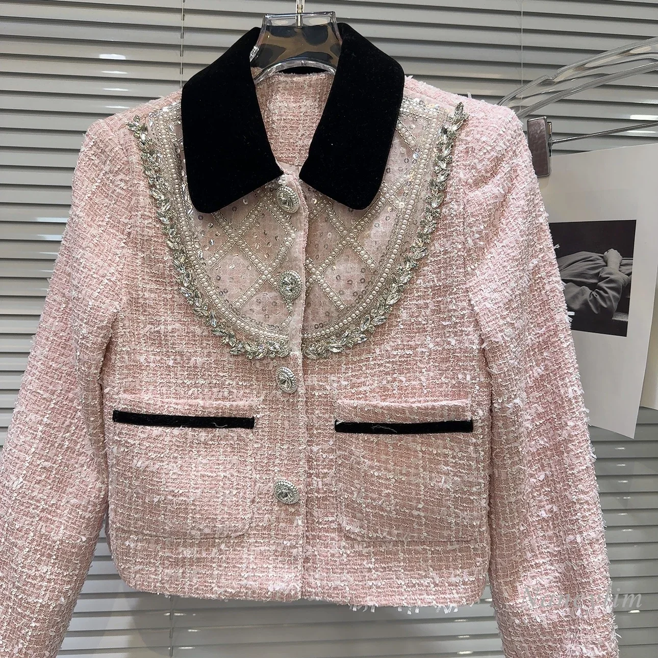 Spring Autumn New Heavy Industry Rhinestone Bead Short Jacket + Tweed Short Skirt Set Women's 2 Piece Sets Skirt Suits