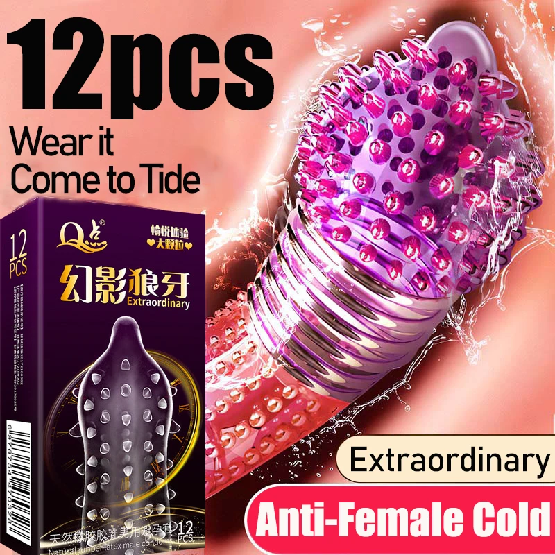 Condón grande de pellets para hombres y mujeres, 12 piezas, púas de dientes de lobo, estimulación Granular masculina, antiedad, Mangas de pene,