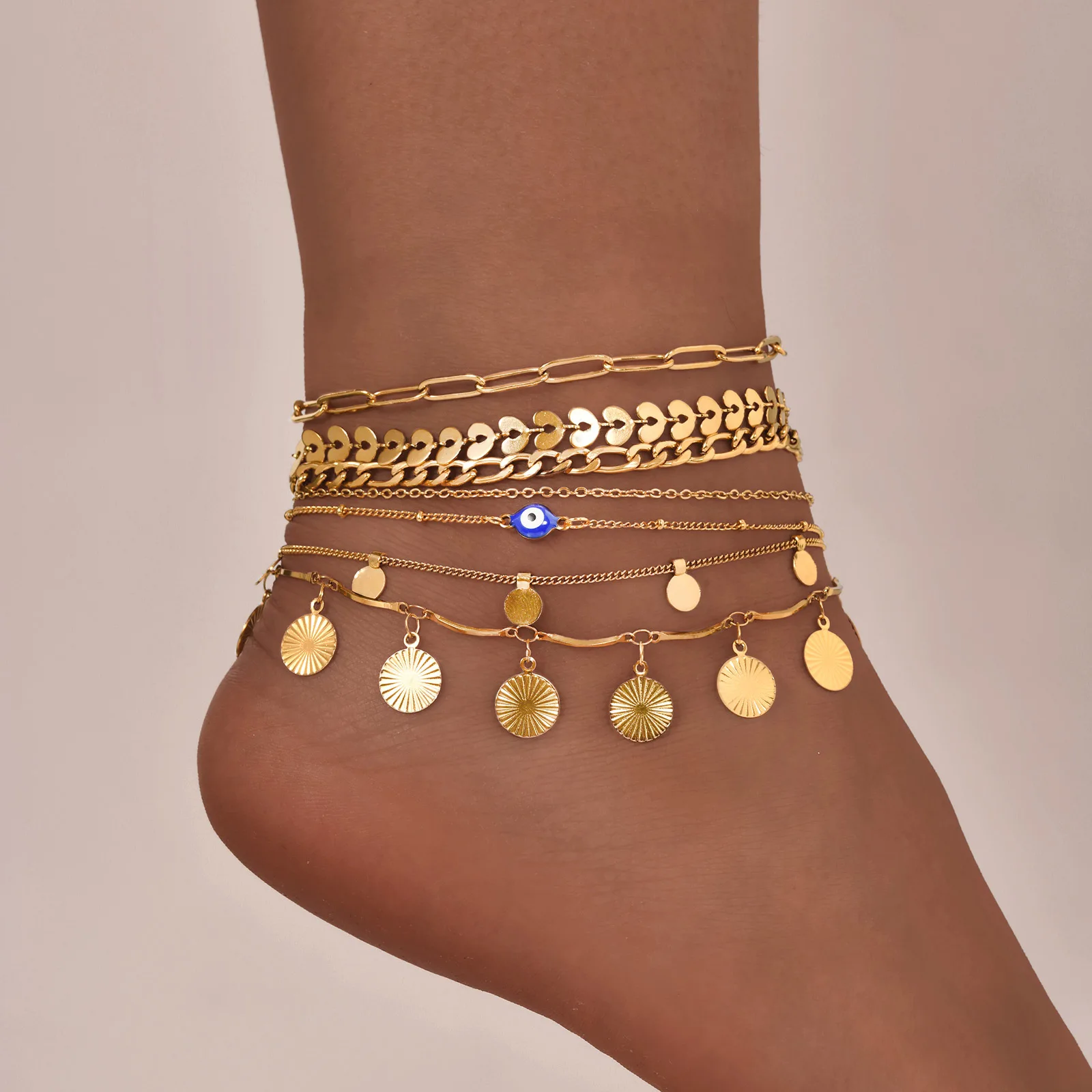 

Gold Plated Layered Anklet Bracelet for Women, Waterproof Paperclip Figaro Cuban Link Foot Chain Beach Stackable Anklets