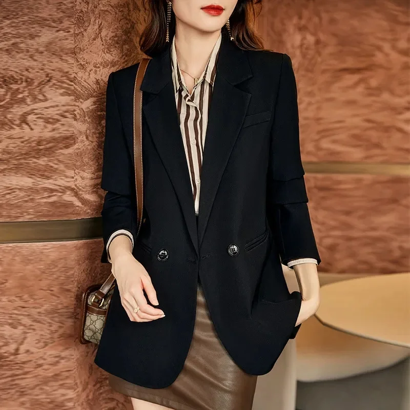 2024 primavera autunno manica lunga Blazer femminile giacca con doppio bottone dentellato abbigliamento da lavoro da donna cappotto formale