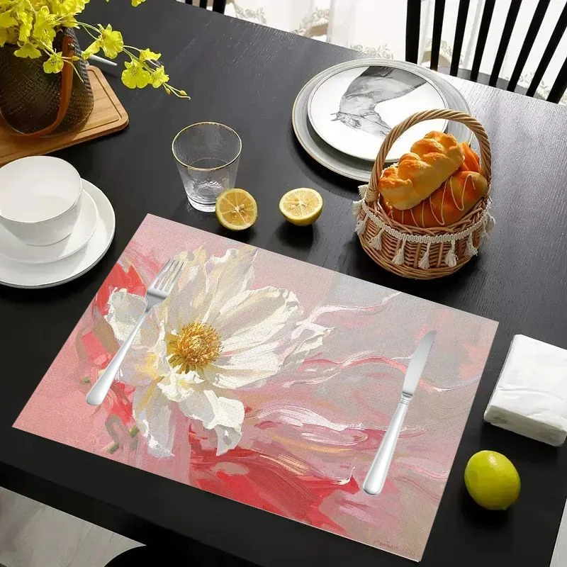 VIKAMA Placemat White Pink Floral Art Print, Waterproof Oil-Proof Heat-Resistant Dining Table Mat for Home