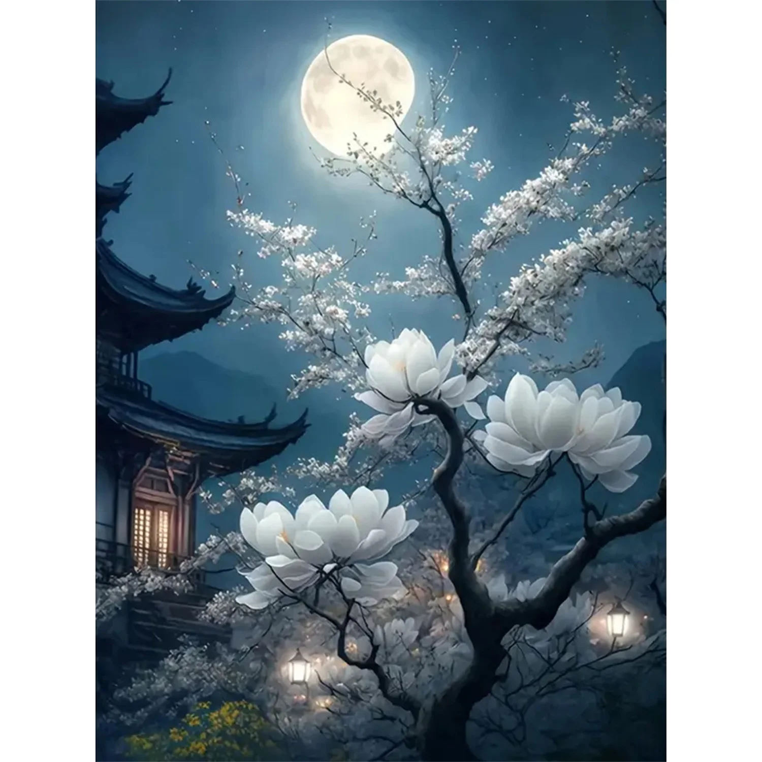 DIY-Diamant-Malerei-Set für Blumen, die auf einer mondlichten Nacht blühen, rahmenlose Volldiamantkunst, Größe 7,87 x 11,81 Zoll
