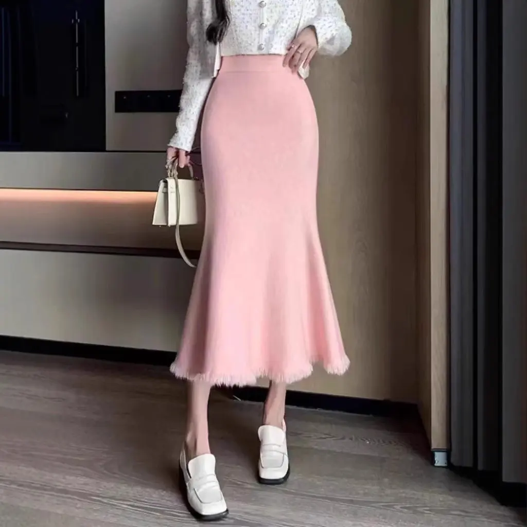 

Women's High Waist Tassel Knitted Skirt Solid Color Slim-fit Hip Fishtail for Autumn And Winter Fashion