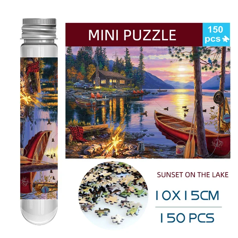 Mini Test Tube Jigsaw Puzzles, Pôr do sol no lago, Descompressão Toy, Paisagem Puzzle, Fridget Game, Decoração da família, 150pcs