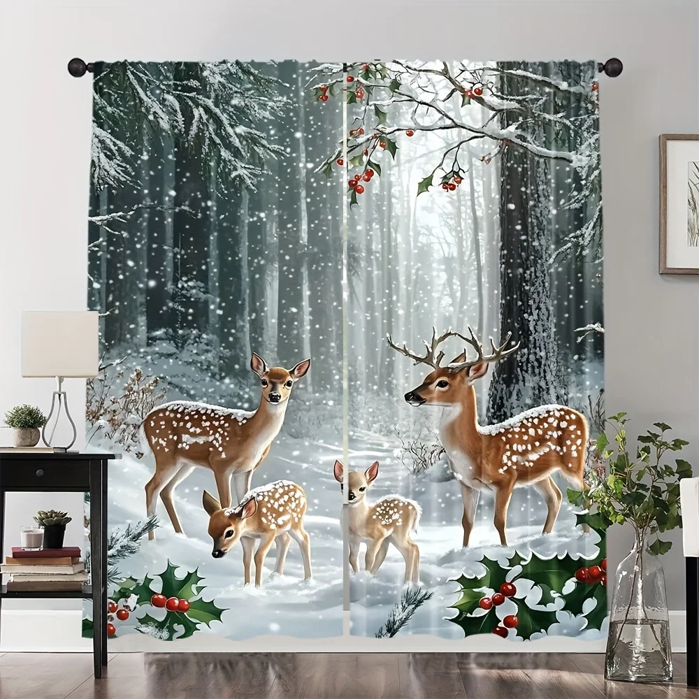 Winter Snow Deer Curtains 2 Panels, Family Spotted Fawns Snowy Pine Forest Holly Red Berry Snowflake Drapes Xmas Bedroom Decor