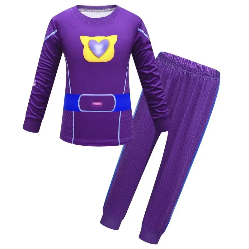 L2025l halloween cosplay superkitties trajes crianças super gatinhos camisetas calças 2 pçs anime dos desenhos animados roupas hoodies menino