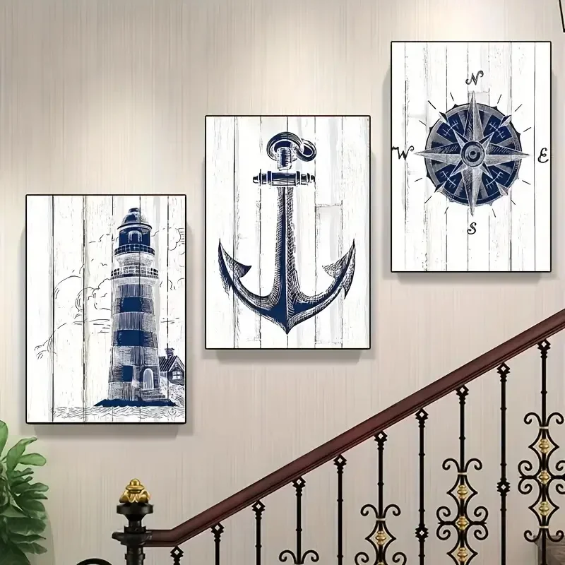 (No frame)3pcs Nautical Canvas Print Wall Art Set Posters Definition Lighthouse  Anchor & Compass Poster Coastal Home Living