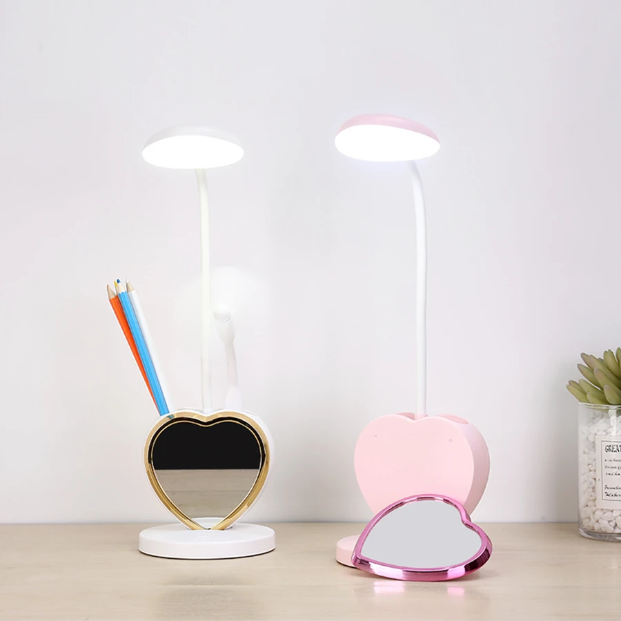 LED Table Lamp Learn Eye Protection Dimmable Night Light Multi functional Heart-shaped Mirror Light Student Dormitory