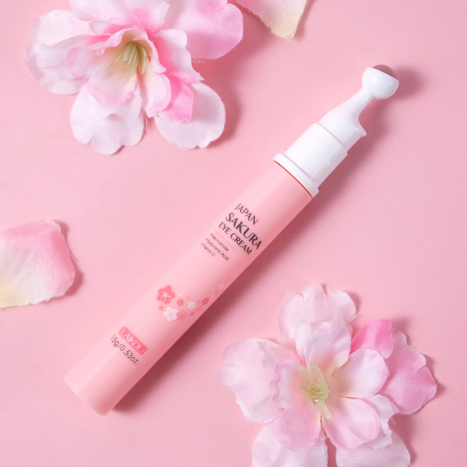 LAIKOU Sakura Roll On Eye Cream, Hydrating Moisturizing Under Eye Treatment with Massage Ball, Anti Puffiness Dark Circles 15g