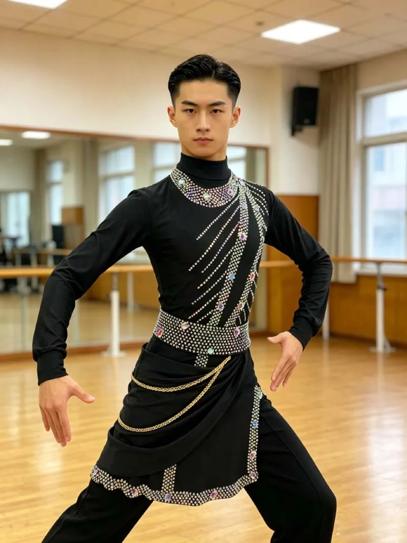 Men Standard Dance Clothes New Style Shiny Drill Advanced Performances Long Sleeve Latin Ballroom Waltz Flamenco Dancing Leotard